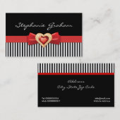 赤いストライプの弓と宝石を持つ白黒 名刺 (正面/裏面)