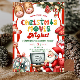 赤いストライプの楽しいレトロクリスマス映画の夜のパーティー 招待状