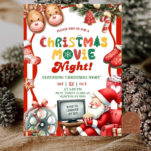 赤いストライプの楽しいレトロクリスマス映画の夜のパーティー 招待状