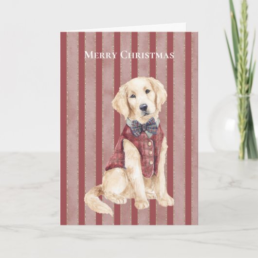 赤いストライプの犬のクリスマス カード (正面)