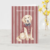 赤いストライプの犬のクリスマス カード (黄色い花)