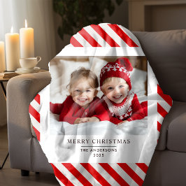 「赤いストライプクリスマスと名前の写真 シェルパブランケット