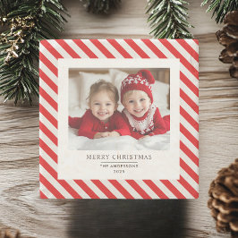 「赤いストライプクリスマスと名前の写真 ストーンコースター