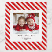 「赤いストライプクリスマスと名前の写真 ワインラベル (シングルラベル)