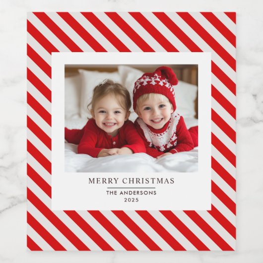 「赤いストライプクリスマスと名前の写真 ワインラベル (シングルラベル)