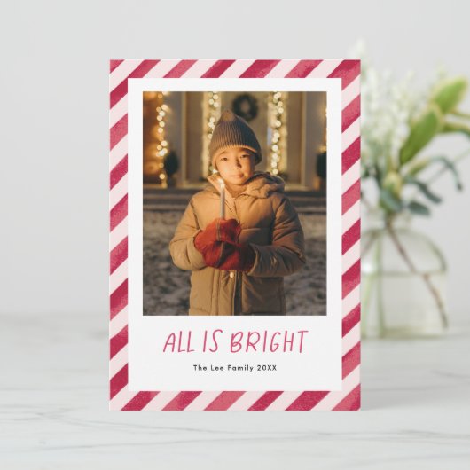 赤いストライプクリスマスの写真は全て明るい シーズンカード (スタンド正面)