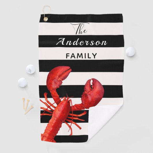 赤いストライプロブスターのファミリ名の白黒 ゴルフタオル (インサイチュ)