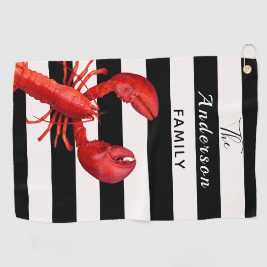 赤いストライプロブスターのファミリ名の白黒 ゴルフタオル (横)
