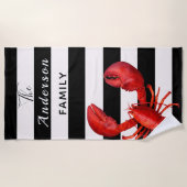 赤いストライプロブスターのファミリ名の白黒 ビーチタオル (正面)