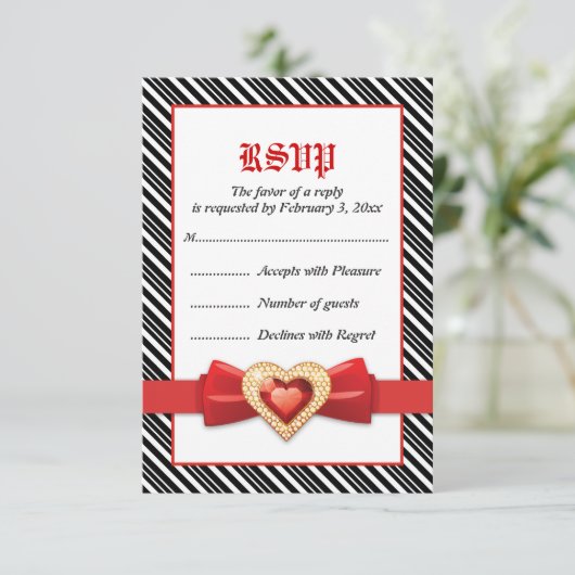 赤いストライプ宝石の結婚式RSVPの白黒 出欠カード (スタンド正面)