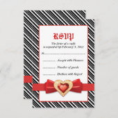 赤いストライプ宝石の結婚式RSVPの白黒 出欠カード (正面/裏面)