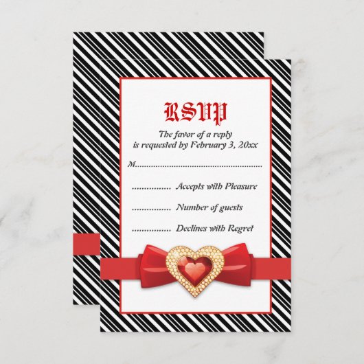 赤いストライプ宝石の結婚式RSVPの白黒 出欠カード (正面/裏面)