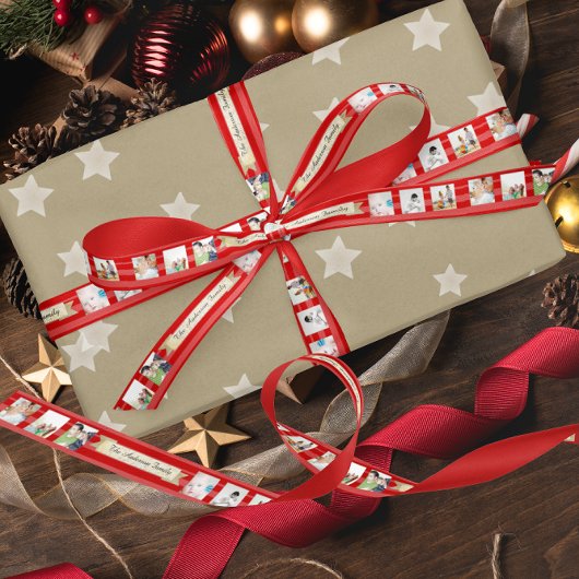 赤いストライプ家族の写真リトルメリークリスマス サテンリボン