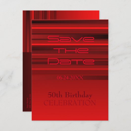 赤いストライプ誕生日50th日付はがきを保存 案内ポストカード (正面/裏面)
