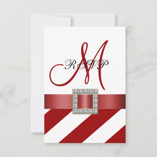 赤いストライプ、リボン、イニシャル 結婚式の出欠確認（ＲＳＶＰ） 出欠カード (正面)