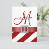赤いストライプ、リボン、イニシャル 結婚式の出欠確認（ＲＳＶＰ） 出欠カード (スタンド正面)