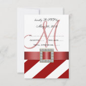 赤いストライプ、リボン、イニシャル 結婚式の出欠確認（ＲＳＶＰ） 出欠カード (裏面)