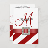 赤いストライプ、リボン、イニシャル 結婚式の出欠確認（ＲＳＶＰ） 出欠カード (正面/裏面)