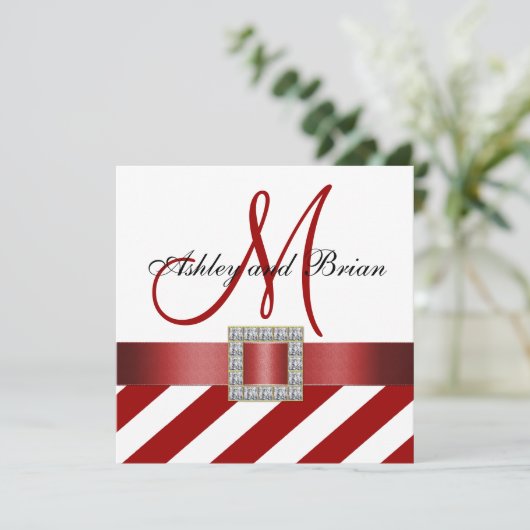 赤いストライプ、リボン、モノグラム結婚式招待状 招待状 (スタンド正面)