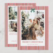 赤いストライプ 緑のリボン クリスマス 写真 ホリデーカード (正面/裏面)