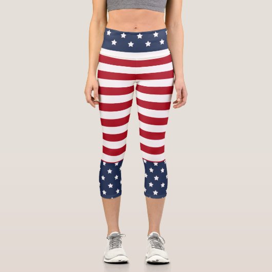 赤いストライプ（青と白のスターウエスト） カプリレギンス (正面)