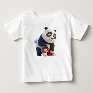 赤いスニーカーを履くかわいい3Dパンダの子 ベビーTシャツ
