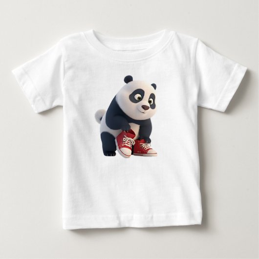 赤いスニーカーを履くかわいい3Dパンダの子 ベビーTシャツ (正面)