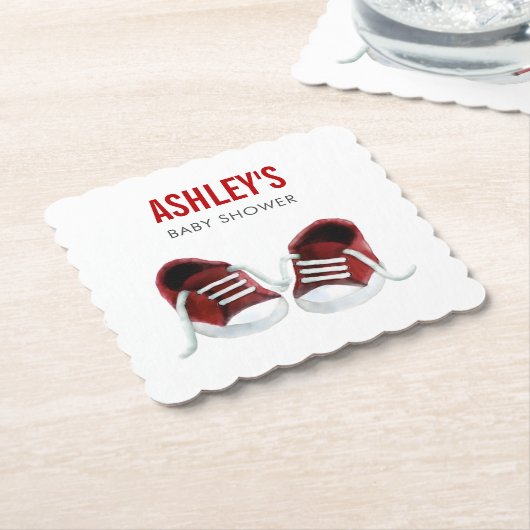赤いスニーカー赤ちゃんシャワーのコースター、紙コースター ペーパーコースター (アングル)