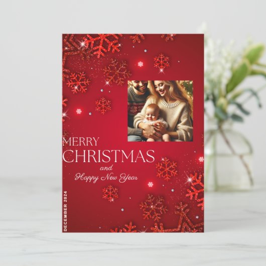 赤いスノーフレークのクリスマスカードと家族の写真 招待状 (スタンド正面)