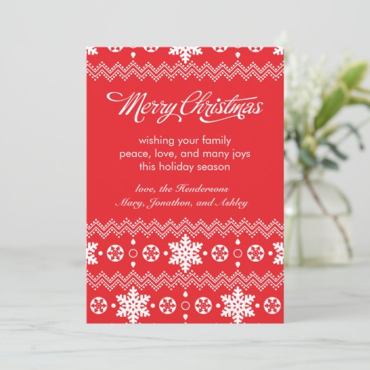 赤いスノーフレークのセーター非フォトクリスマスカード シーズンカード (スタンド正面)