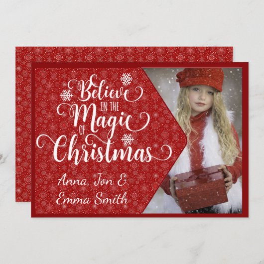 赤いスノーフレークの信じ写真クリスマスカード シーズンカード (正面/裏面)