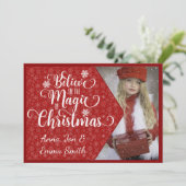 赤いスノーフレークの信じ写真クリスマスカード シーズンカード (スタンド正面)