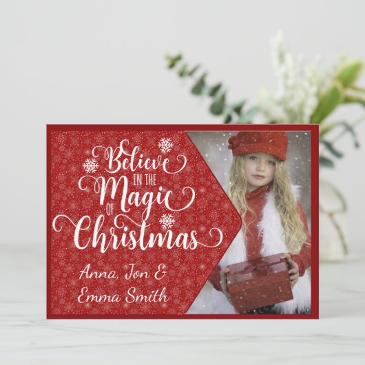 赤いスノーフレークの信じ写真クリスマスカード シーズンカード