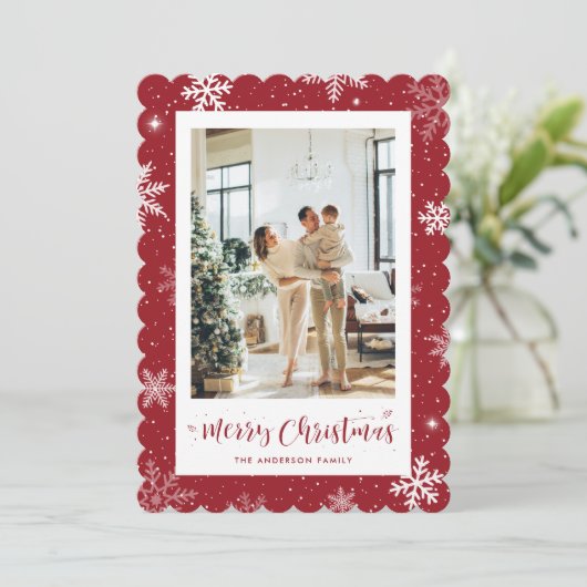 赤いスノーフレーク写真メリークリスマス シーズンカード (スタンド正面)