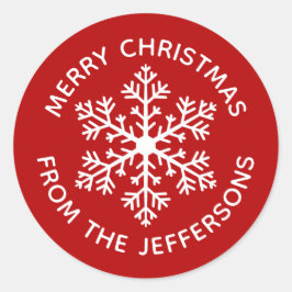赤いスノーフレーク・クリスマスステッカー ラウンドシール