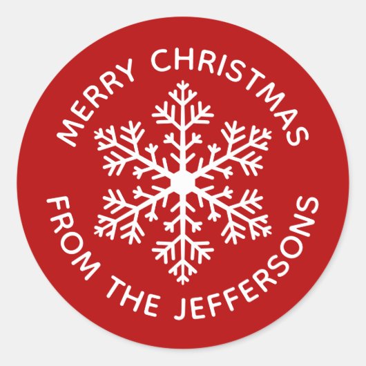 赤いスノーフレーク・クリスマスステッカー ラウンドシール (正面)