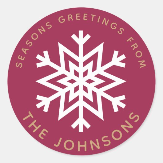 赤いスノーフレーク・クリスマスステッカー ラウンドシール (正面)