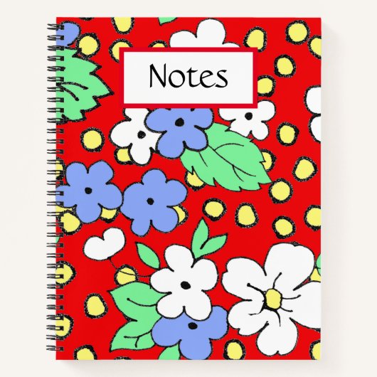 赤いスパイラルノートに白と青の花 ノートブック (正面)