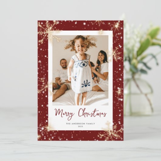 赤いスパークリーのスノーフレーク写真クリスマスカード シーズンカード (スタンド正面)