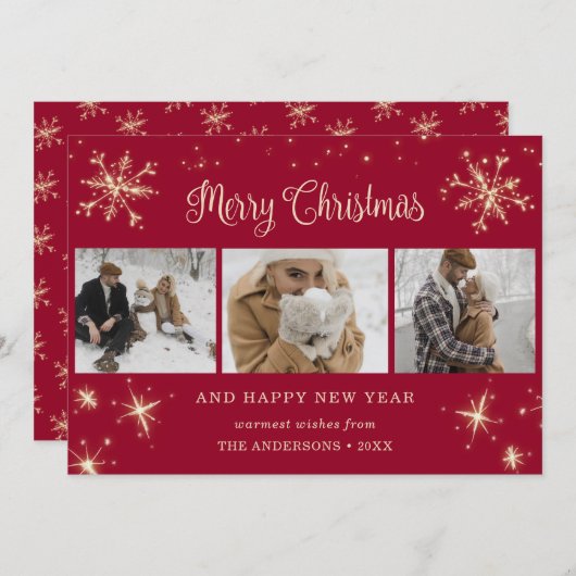 赤いスパークリーのスノーフレーク写真クリスマスカード シーズンカード (正面/裏面)