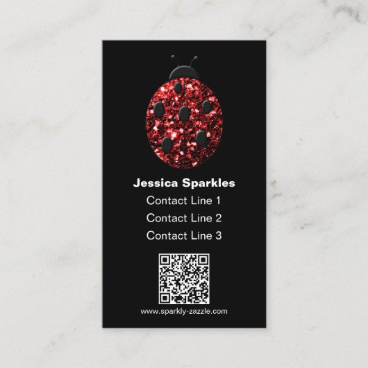 赤いスパークルラディバグQRコードモノグラムブラックカスタム 名刺 (正面)