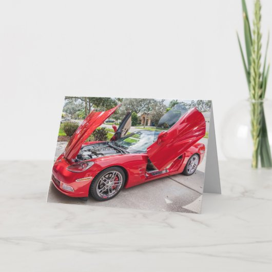 赤いスポーツカーのコンバーチブル誕生日カード カード (正面)