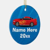 赤いスポーツカーの炎と明るい青キッズボーイズ セラミックオーナメント (右)