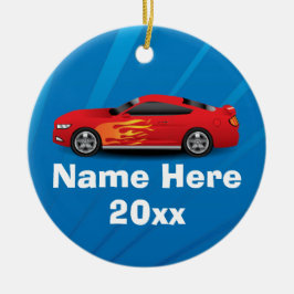 赤いスポーツカーの炎と明るい青キッズボーイズ セラミックオーナメント
