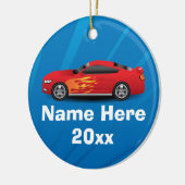 赤いスポーツカーの炎と明るい青キッズボーイズ セラミックオーナメント (左)