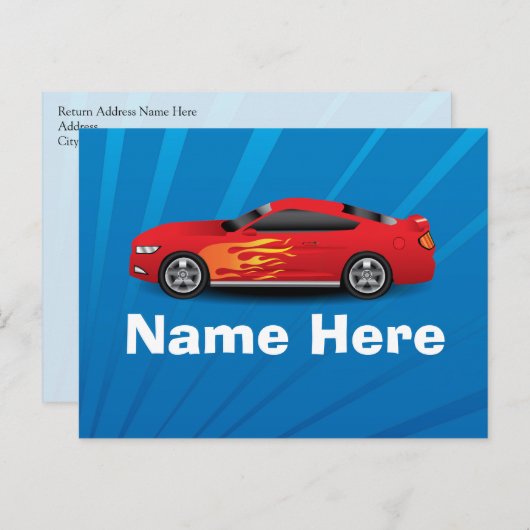 赤いスポーツカーの炎と明るい青キッズボーイズ ポストカード (正面/裏面)