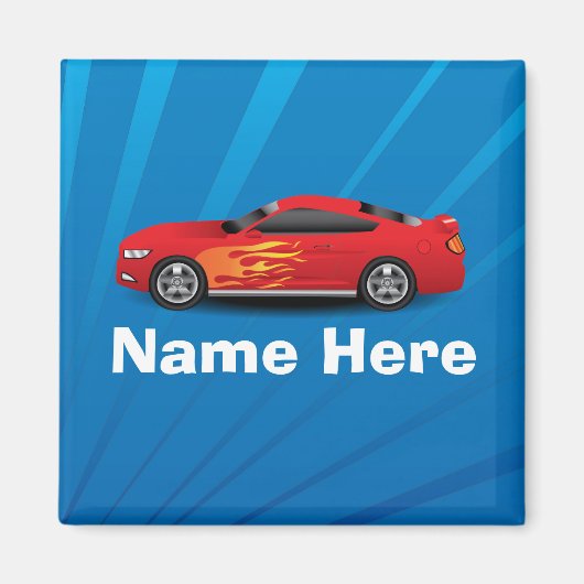 赤いスポーツカーの炎と明るい青キッズボーイズ マグネット (正面)