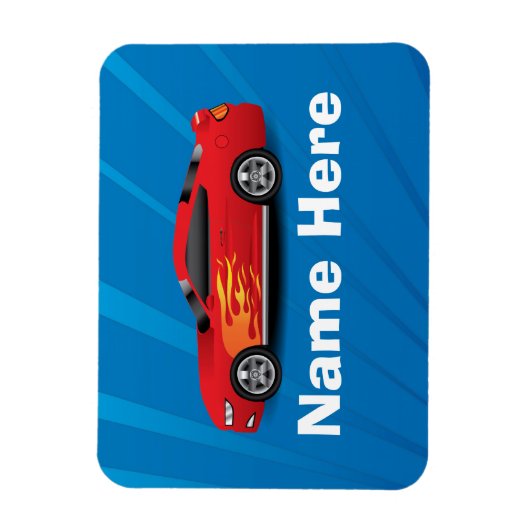 赤いスポーツカーの炎と明るい青キッズボーイズ マグネット (縦)