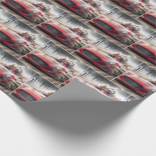 赤いスポーツカーを運転するおばさん ラッピングペーパー (角)