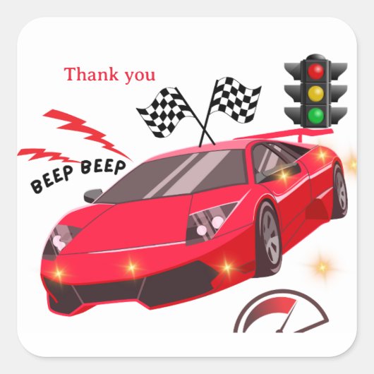 赤いスポーツカー レーステーマパーティーの招待状 ありがとう スクエアシール (正面)